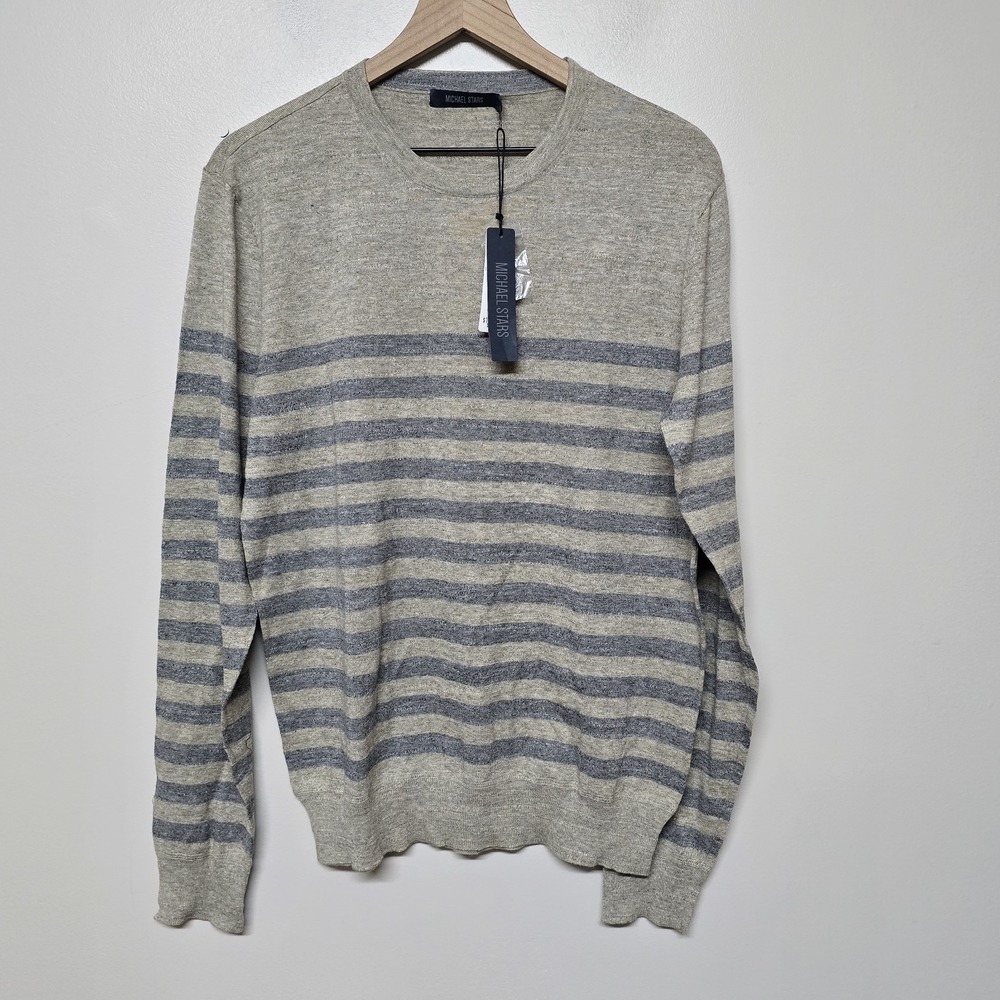 Michael‎ Stars Striped Crewneck Pullover Sweater Men's Sz L Oatmeal Heather Gray